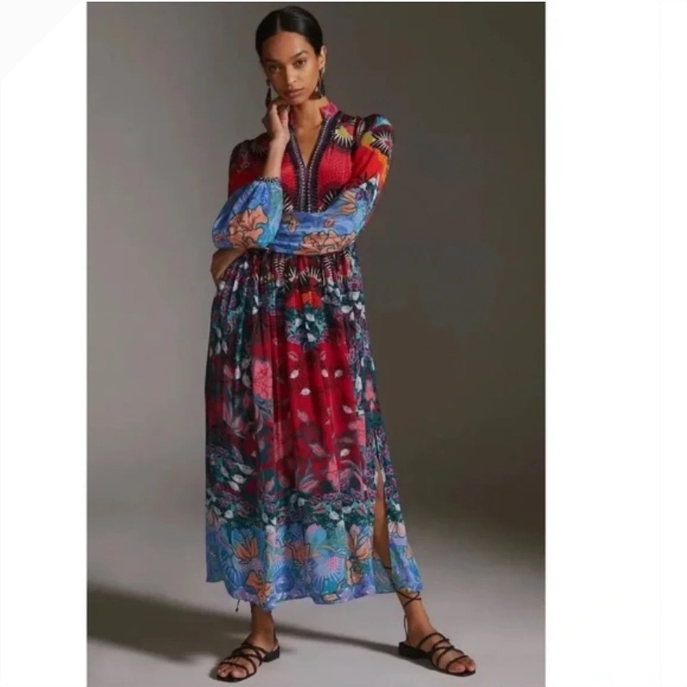 Bhanuni by Jyoti Anthropologie Mixed Floral V-Neck Maxi Dress Red Blue Petite 0P